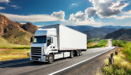 a white cargo truck with a white blank empty trailer for ad on a highway road in the united states. beautiful nature mountains and sky. driving in motion