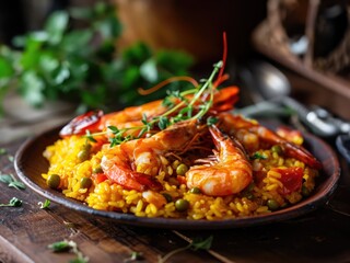 Traditional Spanish paella with shrimps and chicken as toping. Served in the plate on wooden table..