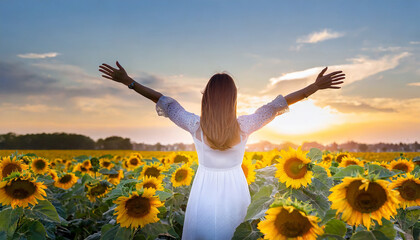 Carefree Happy beautiful young woman in white dress opened arms up in air and looking at sunset in a large field of sunflowers, Freedom concept, Enjoyment, Summer time - obrazy, fototapety, plakaty