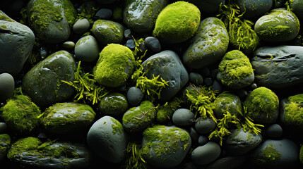 Professional closeup photo of a stone softened by a blanket of bright green moss. Contrasting...