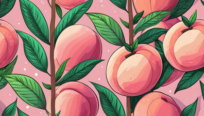 cartoon Seamless pattern of pink peach with green leaf on pink background vector illustration.