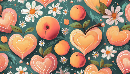 cartoon Seamless pattern with orange peach fruit, daisy flower and heart shape flower branch on pink background vector. Cute fruit print.