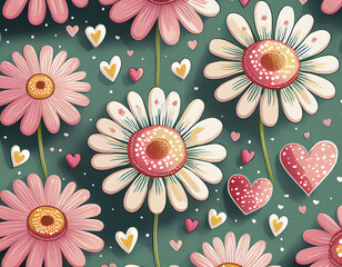 Fototapeta na wymiar cartoon Seamless pattern with daisy flower and hand drawn hearts on pink background. Daisy and heart icon sign vector.