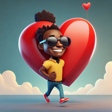 Cartoon Black guy in sunglasses carrying huge big red heart. Cartoon afro american guy holding big valentine, symbol of love. Trendy 3d illustration.