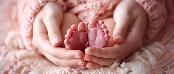newborn feet in woman's  hands, motherhood and parenting concept, family and relationships - obrazy, fototapety, plakaty