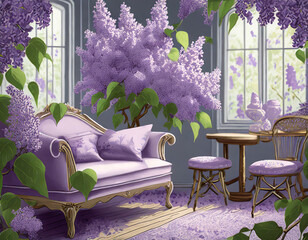 Charming lilac pattern escape. Lilac prints, gentle purples. Vintage-inspired furniture, delicate details. A quaint and charming space inspired by the delicate beauty of lilacs.