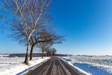 Snowy and frozen road in winter landscape.