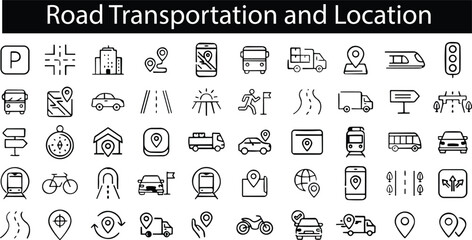 Transportation Thin Line Icons set. Road icons. Address, transport , car, Bus, bicycle, train, Location Map, destination, place, navigation, point, GPS, distance. - obrazy, fototapety, plakaty