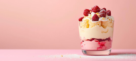 Layered trifle with fresh berries and cream on a pastel pink background. Decadent Berry Trifle Delight on kitchen background with copy space. - Powered by Adobe