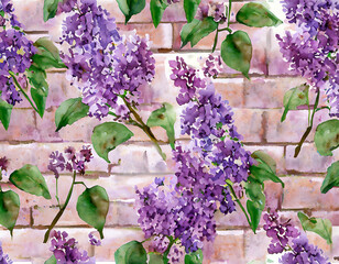 Charming lilac pattern on a background of a brick wall