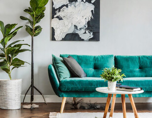 Chic Scandinavian living space with a mint sofa, contemporary furniture, a mock-up poster map, vibrant greenery, and refined personal accessories, creating a polished and stylish design.