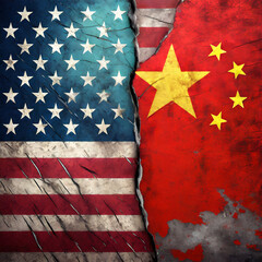 CHINA vs US background concept, Flags of usa or United States of America and China on old cracked concrete background