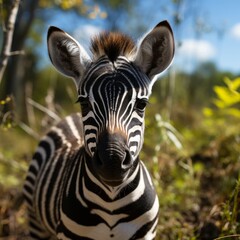 Fototapeta na wymiar Photo of a baby zebra foal with black-and-white stripes. Generative AI
