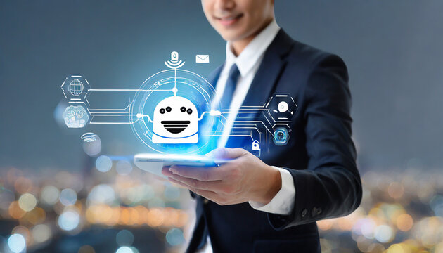 Chatbot, Chat with AI, Artificial Intelligence, Businessman using technology smart robot for business by enter command prompt, AI, artificial intelligence, Innovation futuristic