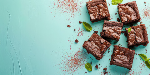 Top view Mint Chocolate Brownies. Rich chocolate brownies with creme de menthe, garnished with fresh mint leaves on kitchen background with copy space. - obrazy, fototapety, plakaty