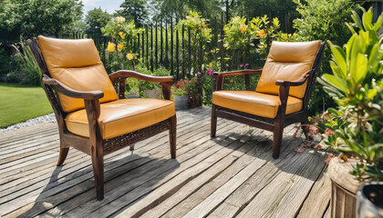 classic scandinavian mid century modern wood and leather chairs. scandynavian backyard terrace