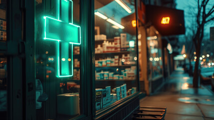 Pharmacy with a glowing neon cross sign in an urban setting, showcasing the pharmacy's exterior with shelves of products visible through the window.