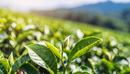 Obraz premium Close-up fresh perfect tea bud and leaves on tea plantations. High quality banner photo with copy space background for text