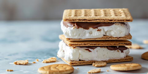 Stacked S'mores with chocolate on Elegant kitchen background with copy space. Perfectly layered s'mores with fluffy marshmallow and crisp graham crackers. - obrazy, fototapety, plakaty