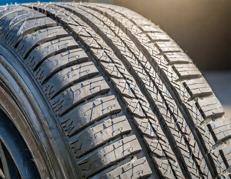 Closeup of the tread of a summer car tire on a sunny day. tires against black. fuel efficient car tires.
