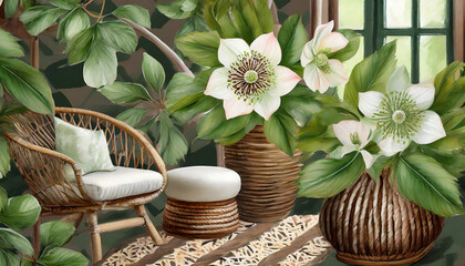 Exotic hellebore sanctuary. Hellebore prints, exotic hues. Rattan furniture, tropical decor. A lively and exotic space inspired by the unique allure of hellebores. - obrazy, fototapety, plakaty
