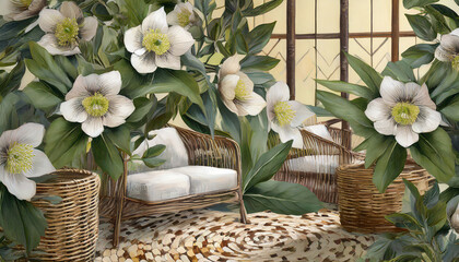 Exotic hellebore sanctuary. Hellebore prints, exotic hues. Rattan furniture, tropical decor. A lively and exotic space inspired by the unique allure of hellebores.