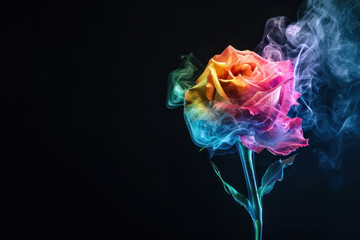 Rose made of colourful smoke on a black background , copy space 