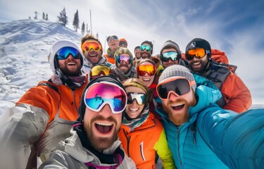 Friends capture snowy mountain joy in a cheerful group selfie amid the wintry alpine landscape.