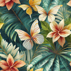 Fototapeta premium Exotic tropical pattern. Luxurious wallpaper with tropical flowers, leaves, butterflies. Hand drawn 3d illustration for fabric, wallpaper, paper
