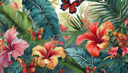 Exotic tropical pattern with hibiscus flowers, butterflies, tropical leaves. Floral background. Hand-drawn 3D illustration. Suitable for the design of fabric, paper, wallpaper, notebook covers