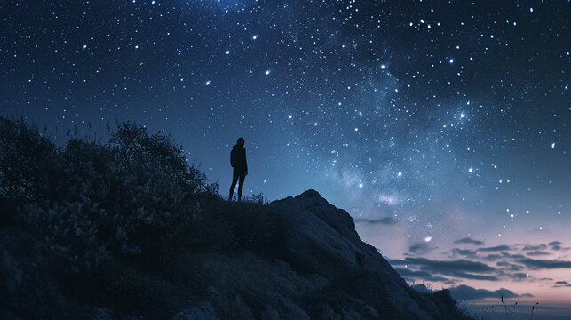 the silhouette of a man standing on a hill in the evening and looking at the incredible cloudless starry sky