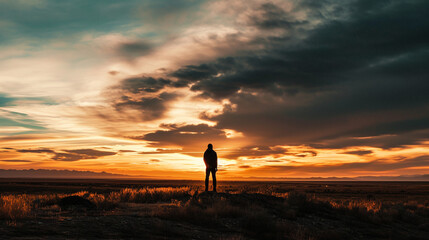the silhouette of a person standing on an endless plain pose and admiring an incredibly beautiful sunset