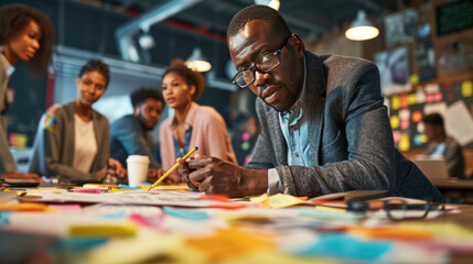 Man intently writing on a sticky note at a busy collaborative workspace, with a younger colleagues in the background