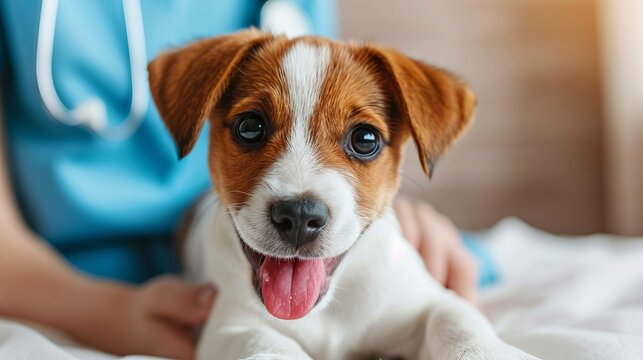 Vet nurse examining happy dog, conducting tests in modern clinic for optimal pet health
