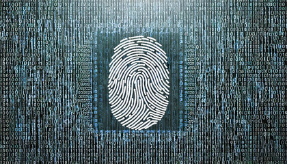 Fingerprint with padlock icon made with binary code. Personal Data protection. Cyber Security. Private secure safety. Biometrics identification. Matrix background with digits