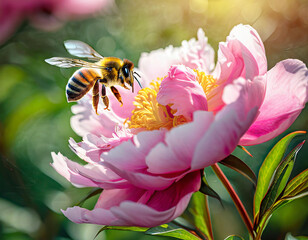 floral background of a bee flying over a peony flower