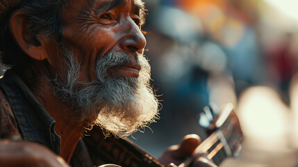 close-up portrait of an old poor street musician playing the guitar with a sad look