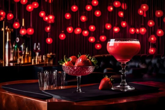 Craft a visually stunning image capturing the essence of a Strawberry Daiquiri in an upscale lounge setting.

