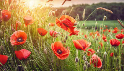 Obraz premium floral background_ red poppies and green grass with evening sunlight