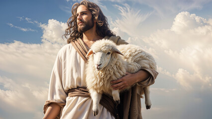 Jesus Christ holding a lost sheep, carrying a sheep in his arms, christianity, religion and faith concept - obrazy, fototapety, plakaty