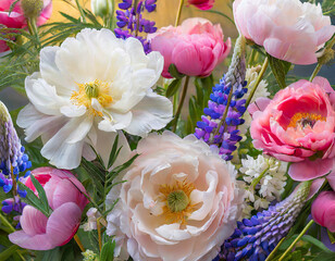 Obraz premium floral background_ white and pink peonies, poppies and lupines_ close-up