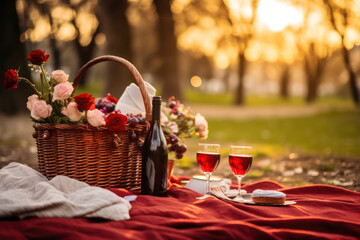 Serene Valentine's Day picnic with wine and roses outdoors - obrazy, fototapety, plakaty