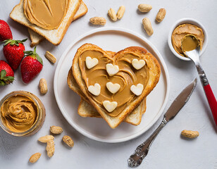 Obraz na płótnie Canvas Heart shaped bread toast with peanut butter on white background. Top view. Valentines day food concept.