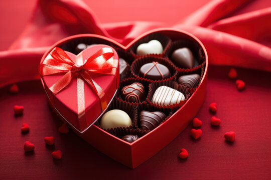 Assorted chocolates in heart-shaped box for Valentine's Day
