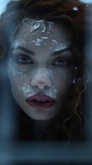 A close up of a woman with snow on her face
