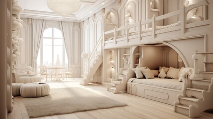 Fototapeta premium A room with a bunk bed and a staircase