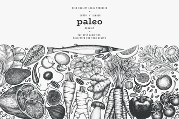 Paleo Diet Design Template. Vector Hand Drawn Healthy Food Banner. Vintage Style Menu Illustration.