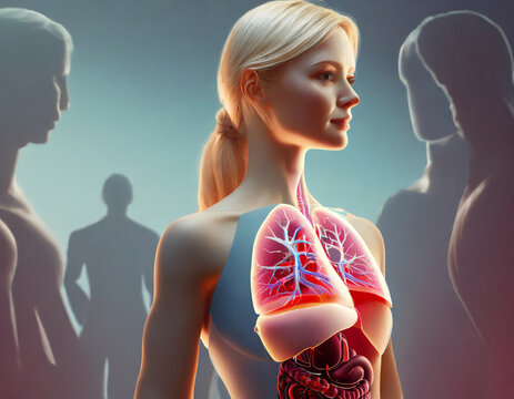 Human internal organs, lungs on the background of human silhouette. Anatomy, medicine, examination, transplantology. 3D render, 3D illustration, copy space.