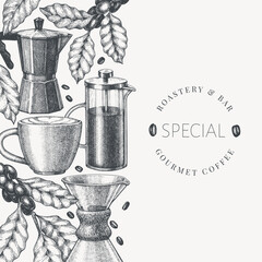 Alternative Coffee Makers Illustration. Vector Hand Drawn Specialty Coffee Equipment Banner. Vintage Style Coffee Bar Design