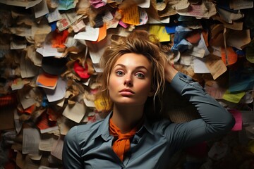 Procrastination concept with woman with work notes on the wall, Avoid postponing important tasks - obrazy, fototapety, plakaty